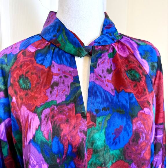 Talbots Twist Neck Satin Charmeuse Top Wrapped Jewel Tone Floral Large Petite - Picture 6 of 9